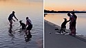 O animal foi retirado do lago por dois homens e deixado às margens.