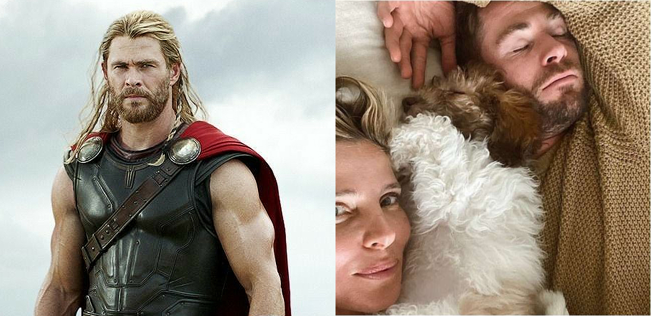 Esposa do ator Chris Hemsworth, o Thor, compartilha foto do astro tirando  uma soneca com o cão do casal