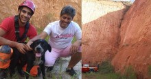 Para resgatar cão de 20 kg a 15 metros de altura, bombeiros fazem rapel em barranco de MG