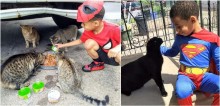 Seguindo exemplo de tia, menino se veste de super-herói para alimentar gatos de rua