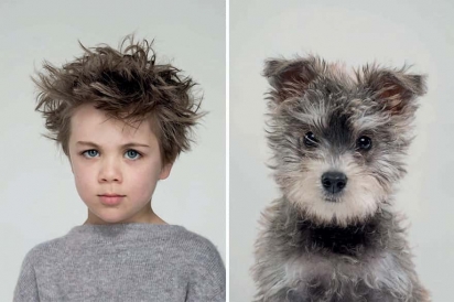 Criança com suéter cinza da mesma cor do pelo do seu cachorro. (Foto: Instagram/gezgethings) 