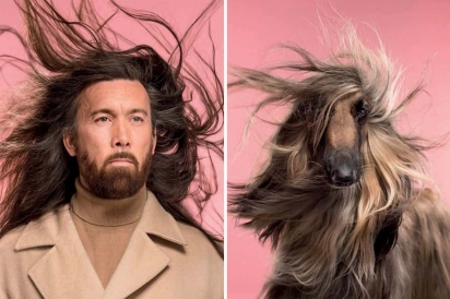 Homem com cabelo comprido e esvoaçante, igual ao do seu cachorro. (Foto: Instagram/gezgethings) 