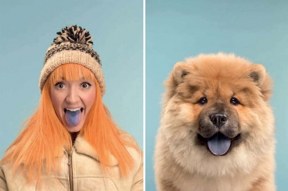 Mulher com língua roxa e cabelo iguais seu cachorro Chow-chow. (Foto: Instagram/gezgethings) 
