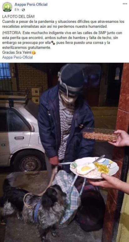 Mulher alimenta cachorro e seu dono em San Martín de Porres. (Foto: Reprodução Facebook/Asppa Perú-Oficial)