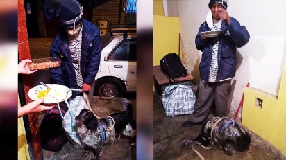 No Peru, uma mulher comprou comida em um restaurante para alimentar um morador de rua e seu cachorro que estavam com fome: (Foto: Wapa.pe)