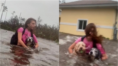 Jovem faz o possível e o impossível para segurar seus cães durante passagem de furacão. (Foto: Tim Aylen)