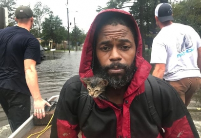 O gatinho se esconde na jaqueta de Robert Simmons Jr. enquanto os dois fogem da enchente. (Foto: Raleigh News & Observer via Getty Images)