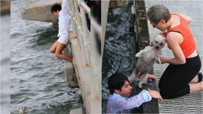 Jovem pula em alto-mar para salvar cachorrinho que estava se afogando na Austrália. (Foto: Newspix/Rex Features)