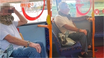 Homem é flagrado usando cobra como máscara facial em ônibus na Inglaterra. (Foto: Arquivo Pessoal/Alison Jones)