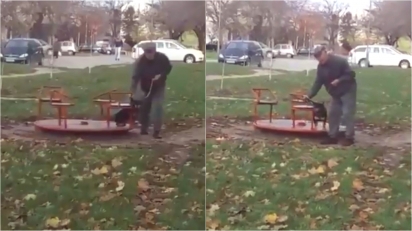Idoso brinca com o seu cachorro em carrossel em parque. (Foto: Twitter/@akkitwts)