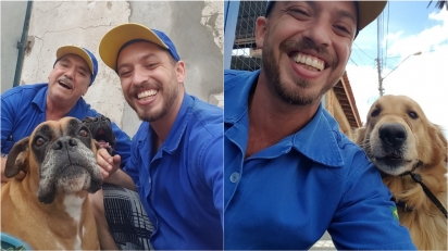 Pai e filho entregam gás e fazem questão de tirar fotos com os pets dos clientes. (Foto: Instagram/martinsgas1984) 