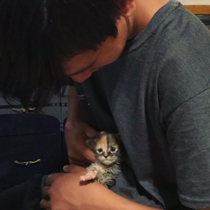 A gatinha se apegou muito a um dos filhos da voluntária, o CJ. (Foto: Instagram/iamchimera407)