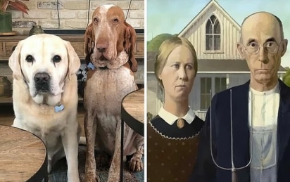 Da arte para a vida ou da vida para a arte? Uma mulher que vive no Reino Unido disse que seus dois cães eram parecidos com a pintura gótica americana de 1930 de Grant Wood. (Foto: Facebook/Kate Shopper)