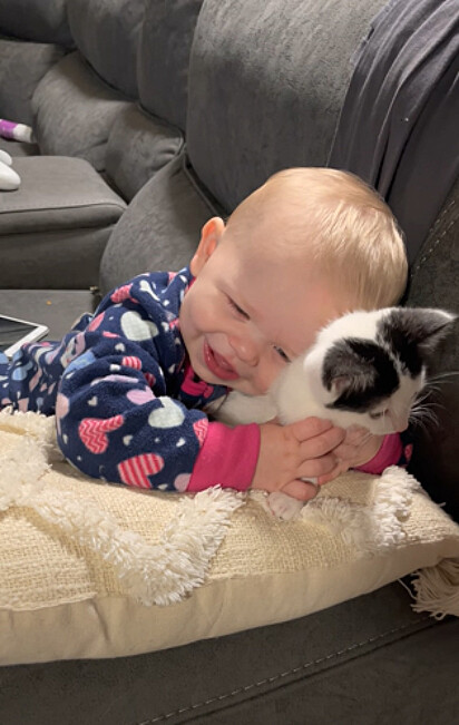 O bebê está deitado no sofá abraçando o gatinho