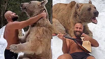 Homem compartilha amizade com urso gigante nas redes sociais.