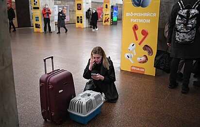 Uma mulher está ao telefone com uma mala e um pet na caixa de transporte.