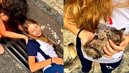 Estudante resgata filhote de gato de bueiro.