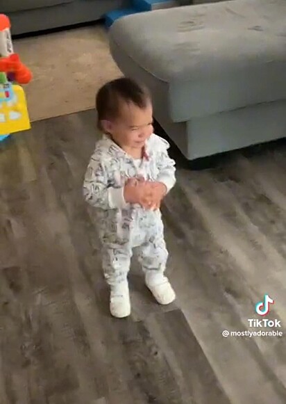 A bebê feliz caminhando pela sala.