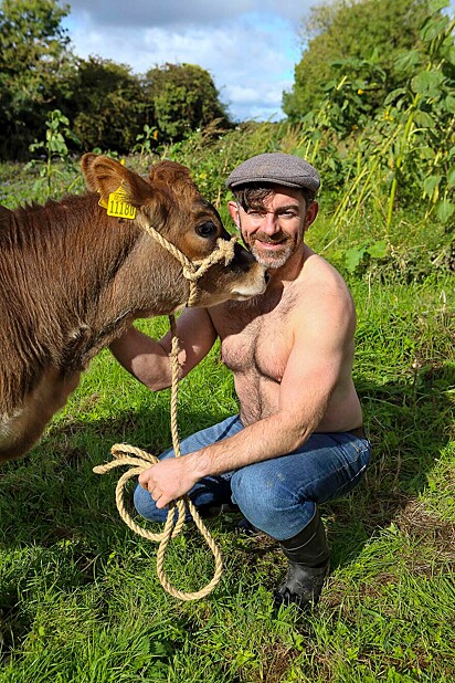 Fazendeiro ao lado de uma vaca.