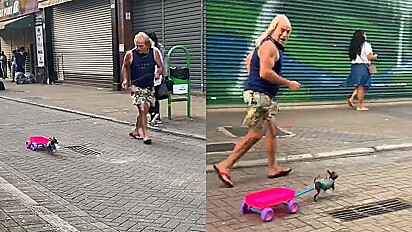 Homem é visto brincando com seu cachorro no centro da cidade.