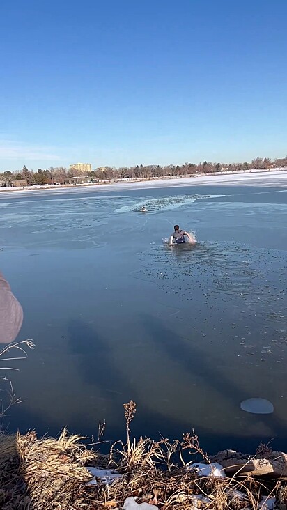 Ao ver a cena do cão preso no lago, Jason pulou na água congelante para salvá-lo.