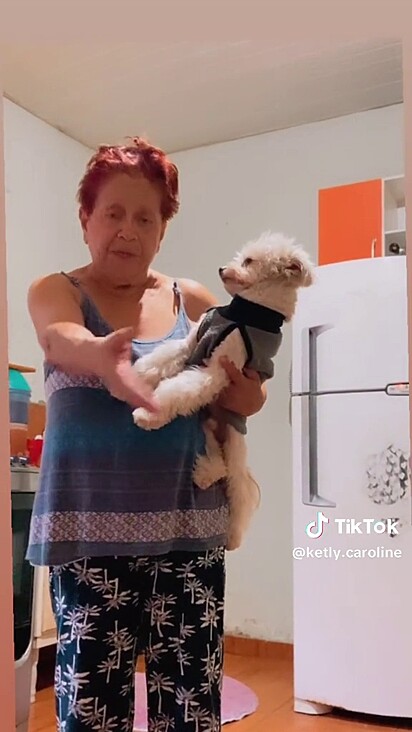A avó pediu para que a neta cedesse o lugar para o cão.