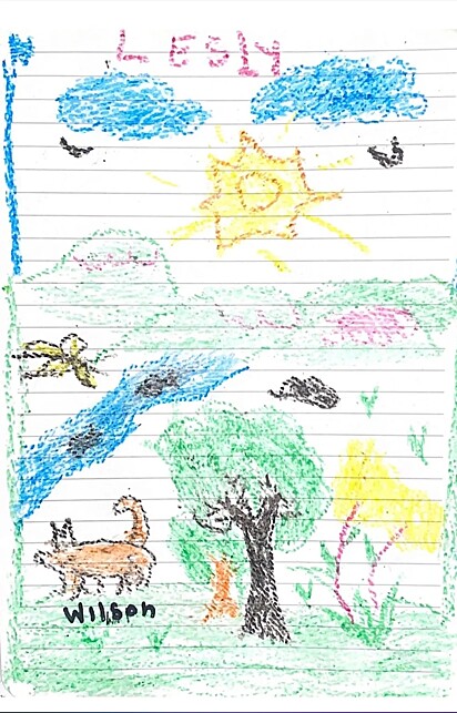 Desenho feito por uma das crianças resgatadas retratando o cachorro Wilson na selva.