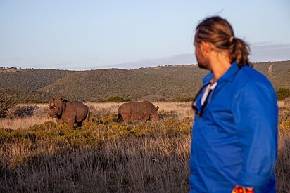 O biólogo conhece animais majestosos como rinocerontes. 
