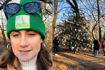 Mulher acompanhada do seu cachorro procura a árvore de Natal secreta no Central Park que recorda os pets que já partiram.