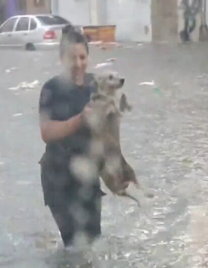A policial segurando nos braços o cachorro resgatado.