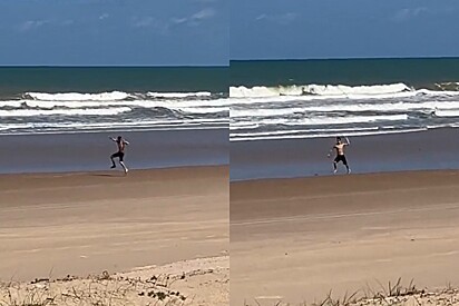 Jovem vê namorado dançando na praia e acha que ele está se divertindo - mas a realidade é bem diferente.