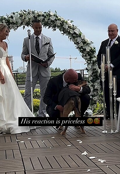 O noivo se emocionou quando viu o seu cachorro.