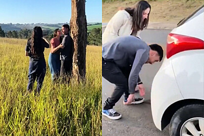 Tudo estava tranquilo em ensaio de fotos no campo, até que fotógrafa percebe algo se mexendo em baixo do carro