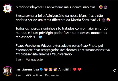 A própria Márcia Sensitiva comentou na publicação. 