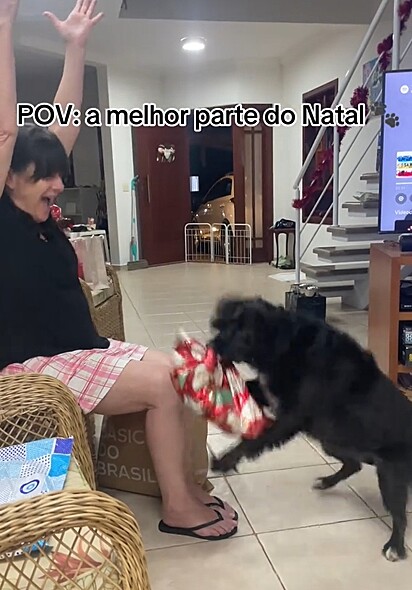 Amora está empolgada com o presente que recebeu.