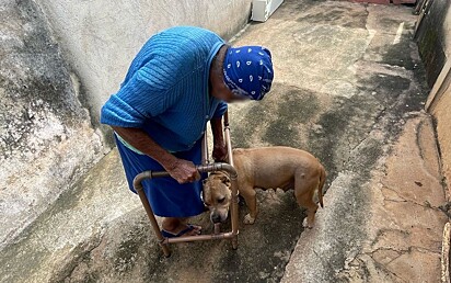 A idosa ficou emocionada ao rever a sua cachorrinha.