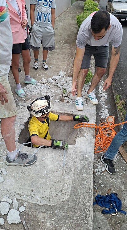 Um grupo de bombeiros de Barva de Heredia, Costa Rica, foi acionado para resgatar um cãozinho.