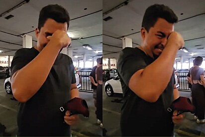 Esposa faz surpresa ao marido e, quando ele descobre, não aguenta a emoção e começa a chorar.