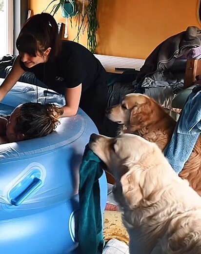 Darcy correu para pegar uma toalha assim que o bebê nasceu. 