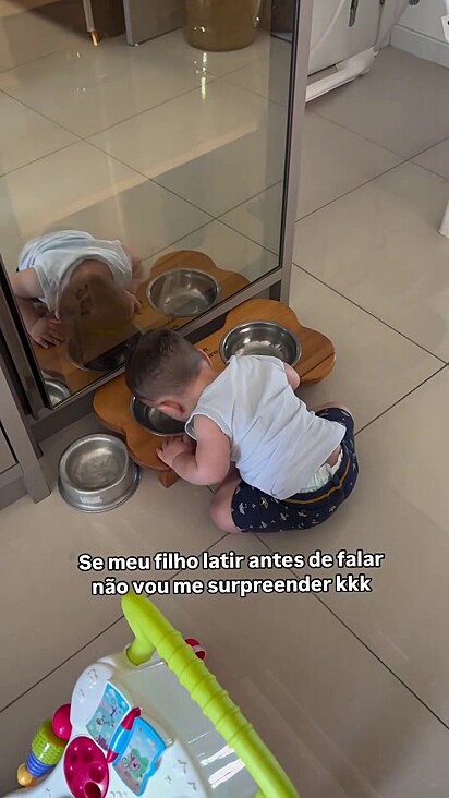 O pequeno até tentar beber água da tigela dos pets.