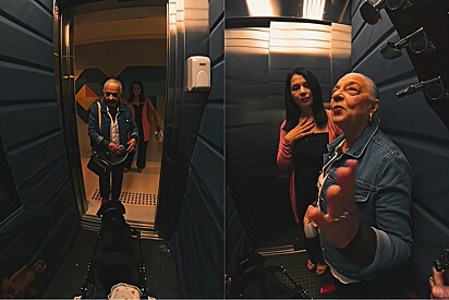 Idosa de 70 anos encontra vizinho jovem no elevador com seus pets e faz declaração de amor.