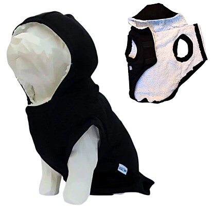 Casaco com capuz, forro de pelúcia e fechamento de velcro. Roupinha de cachorro.
