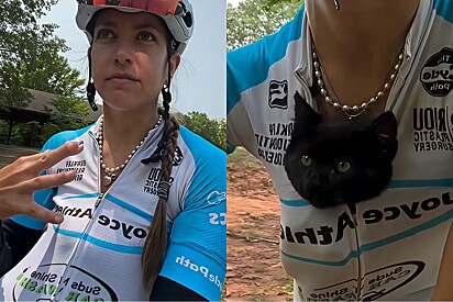 Durante pedalada, ciclista resgata filhote, esconde no casaco e garante final feliz.