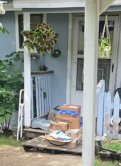 A porta de casa da protetora cheia de presentes enviados à cachorrinha.