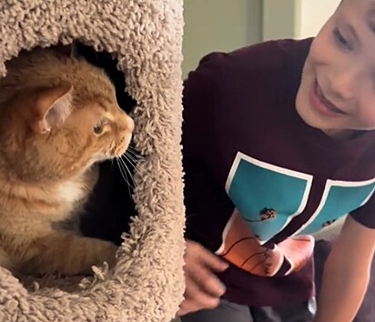 Com paciência e amor, o garotinho conquistou a confiança do gatinho Banjo.