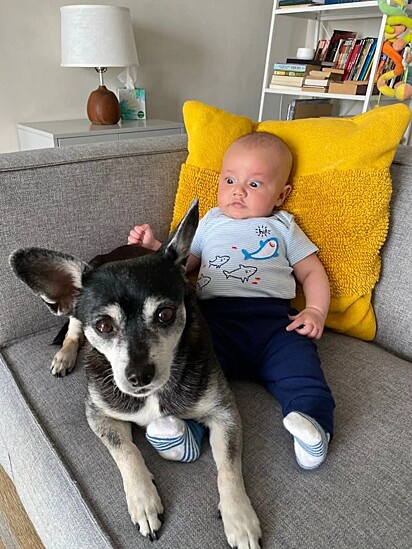 Rufus com o bebê Benjamin. Atualmente o menino tem 4 anos.