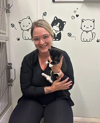 O gatinho Kerby no colo de sua nova tutora.