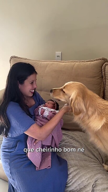 Cristiane ficou feliz com a recepção da cachorrinha com a bebê.