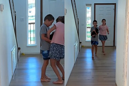 Mãe acorda pela primeira vez em casa nova e vê seus filhos segurando bola preta de pelos