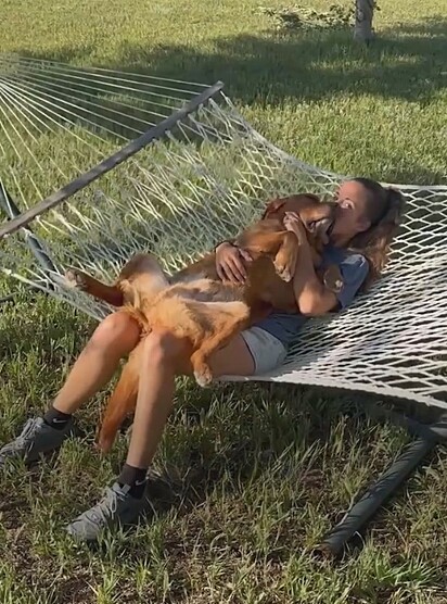 Samantha e Leo, um labrador retriever.